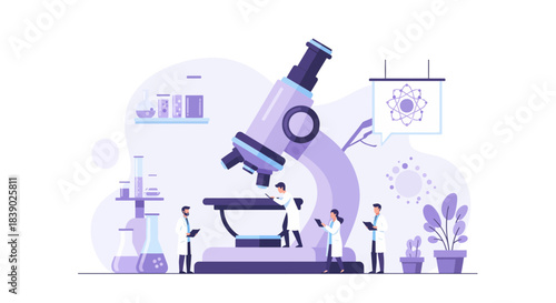 Scientists collaborating on breakthrough research with cutting edge technology in a modern laboratory, driving innovation and scientific discovery forward