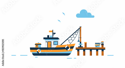 Coastal charm with fishing boat docked at pier, seagulls flying by and a fluffy cloud above, perfect for travel brochures or nautical themed projects