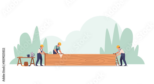Teamwork makes the dream work as these skilled carpenters craft a magnificent wooden structure with care and precision in a serene outdoor setting
