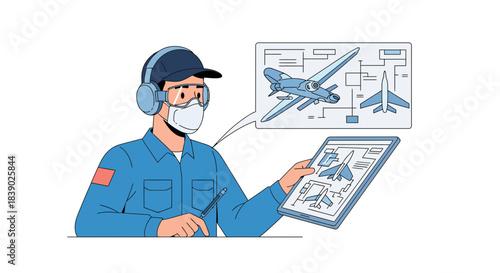 Professional aircraft engineer reviewing plane schematics on tablet with blueprint for aerospace innovation and design projects during a safety inspection