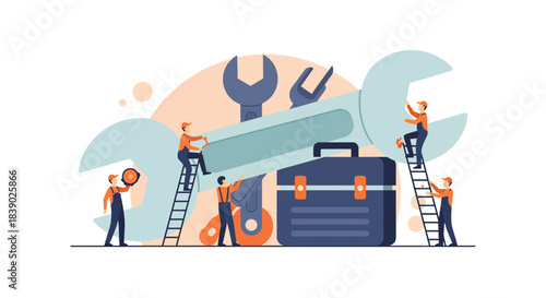 Skilled technicians collaboratively working on a wrench, symbolizing teamwork and efficient maintenance, perfect for illustrating service excellence