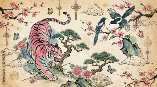 Traditional Asian-style illustration of a pink tiger, magpies, and cherry blossoms on aged paper.