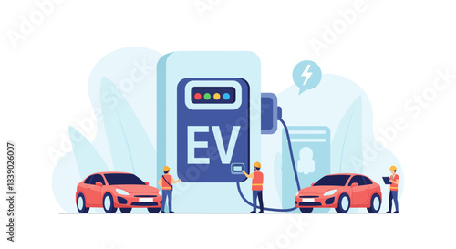 Modern concept of electric vehicle charging with engineers overseeing the process, representing sustainable energy, future transportation, and eco-friendly innovation