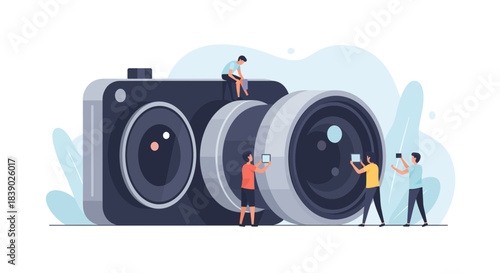 Creative team exploring photography and content creation with oversized camera, perfect for marketing and social media campaigns with engaged audience