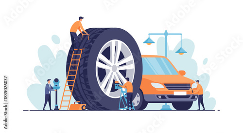 Expert mechanics performing tire alignment on modern orange car, ensuring safety and precision for a smooth ride and optimal vehicle performance today