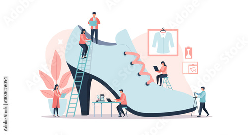 Creative team designing a shoe line together, showing collaboration and innovation in fashion, with a modern and whimsical feel for apparel industry appeal