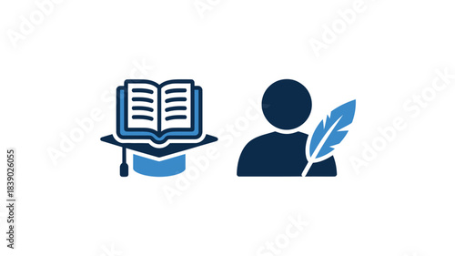 Graduation icon with open book and writer icon in simple flat design with blue color scheme and clean lines for education illustration