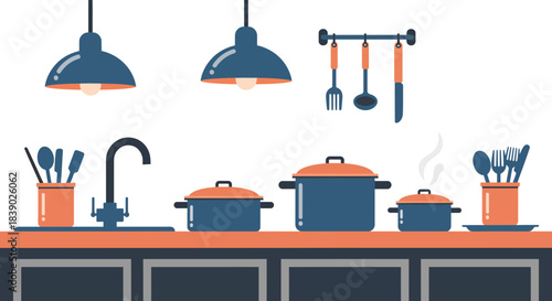 Stylized kitchen illustration with steaming pot, perfect for recipe blogs, interior design mockups, and culinary arts websites, a modern and clean design