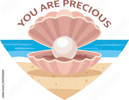 You Are Precious Message with Pearl in Seashell on Beach Vector Illustration