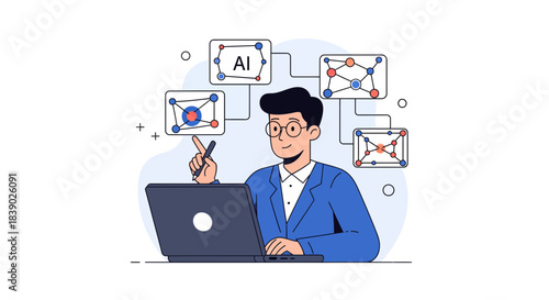 Innovative AI developer working on neural network project with laptop, creating future tech solutions for business and industry with cutting edge technology