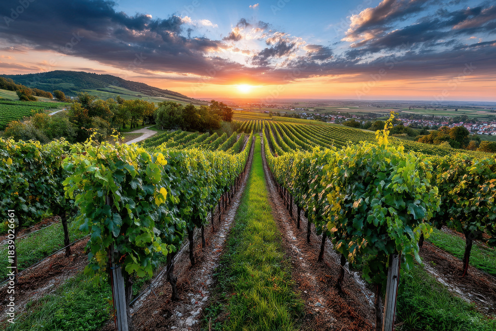 Fototapeta premium Sunset over lush green vineyard rows and distant village