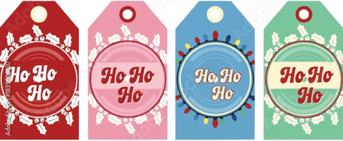 Retro Christmas gift tag set with “Ho Ho Ho” text and holly illustration, vintage holiday label collection for seasonal packaging design