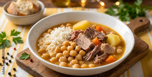 Traditional Spanish Cocido Stew with Rice and Chickpeas - AI GENERATED