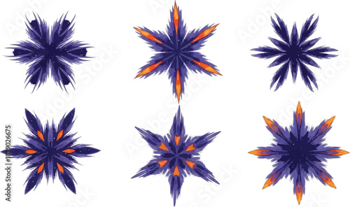 Abstract cosmic star cluster shapes in purple and orange, geometric space formations