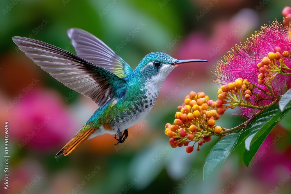 Obraz premium Vibrant Hummingbird in Flight Near Pink and Orange Blossoms