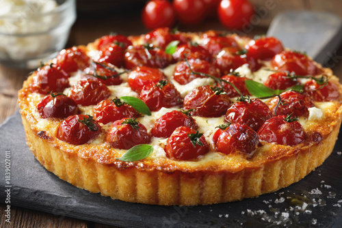 Delicious cherry tomato tart with cheese and herbs on slate plate, showcasing gourmet baking, rustic presentation and savory food styling.