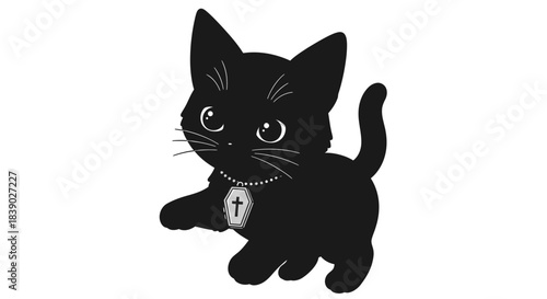 Charming illustration of a sleek black cat wearing a coffin necklace on a white background for
