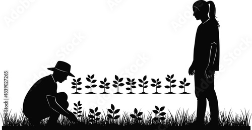 Silhouette farmer kneeling to inspect plants while girl observes, agriculture growth, farming education, nurturing crops, sustainable rural learning scene