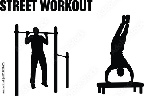 Silhouette of athletes performing street workout exercises on bars and bench, showing strength, balance, calisthenics training and outdoor fitness