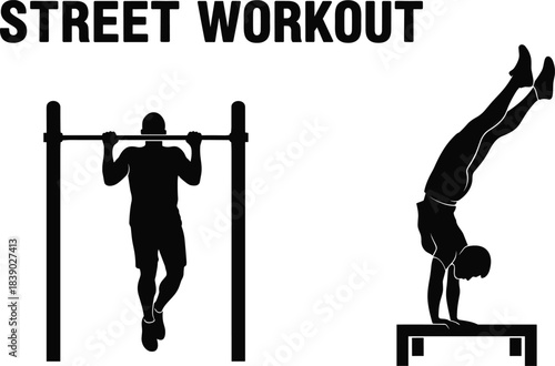 Silhouette of athletes performing street workout exercises, including pull-ups and handstand balance, demonstrating strength, calisthenics training and control
