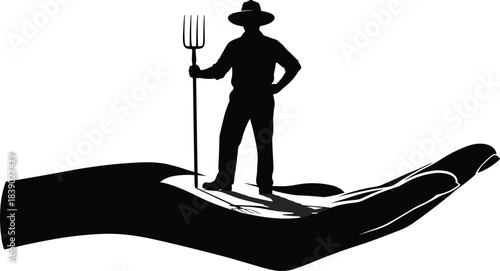 Silhouette of farmer standing on protective hand symbolizing agriculture support, farming safety, livelihood protection, rural community care concept