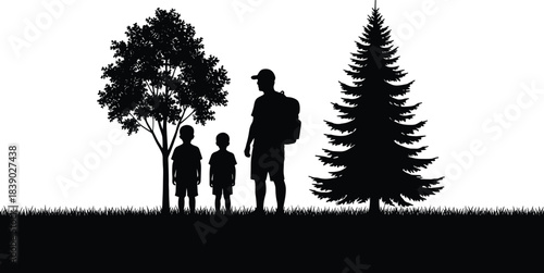Silhouette of father hiking with two children between trees, enjoying nature, family bonding, outdoor exploration, adventure and peaceful scenery