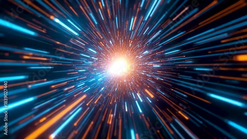 Burst of blue and orange streaks radiating outward from central glowing point in dark space.