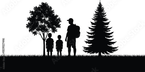 Silhouette of father hiking with two children between trees, enjoying nature, outdoor exploration, family bonding and peaceful adventure