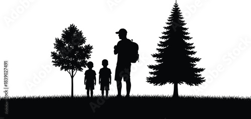 Silhouette of father hiking with two young children beside trees, enjoying nature, outdoor exploration, peaceful scenery and family bonding