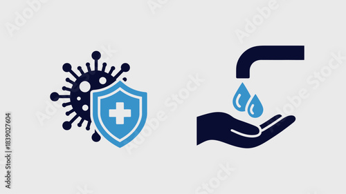 Hygiene icons with shield and handwashing in simple flat design with blue color scheme for health and safety