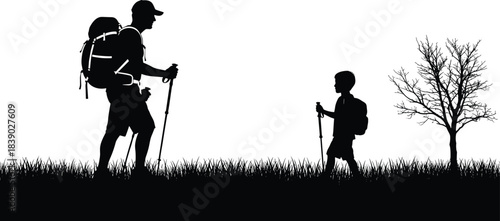 Silhouette of two hikers walking outdoors with backpacks and poles, father and child exploring nature together in peaceful scenery