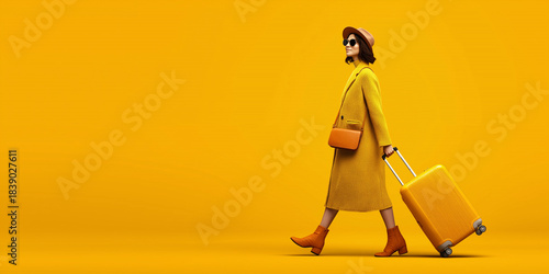 Stylish Woman Traveling with Yellow Suitcase on Vibrant Background