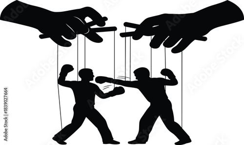 Silhouette puppeteered boxers fighting under giant controlling hands, concept of manipulation, conflict influence, power control, controlled confrontation scene