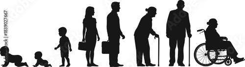 Silhouette showing human life cycle from infancy to old age, illustrating growth, aging progression, mobility changes and life stages