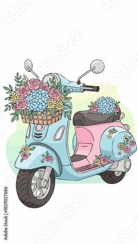 Vintage Scooter with Floral Basket Illustration.