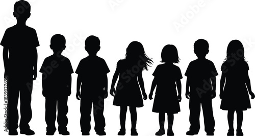 Silhouettes of children standing in a row representing childhood diversity, unity, growth, youth group concept and family generation