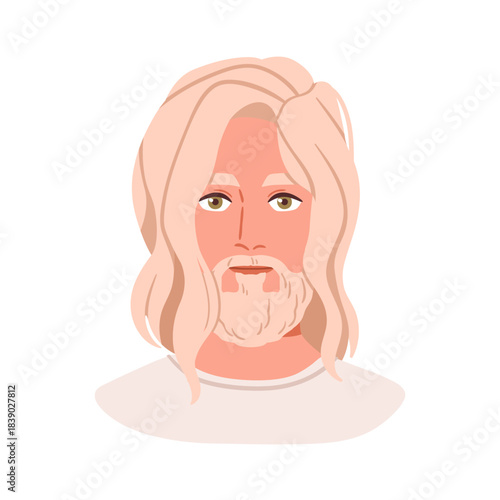 Man face avatar. Handsome young Scandinavian Nordic male character with long blond hair, beard, mustache, calm neutral expression. Head portrait. Flat vector illustration isolated on white background