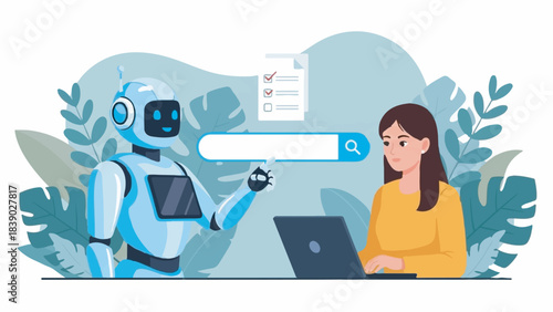 Artificial intelligence robot assistant helping woman with online search and data optimization concept