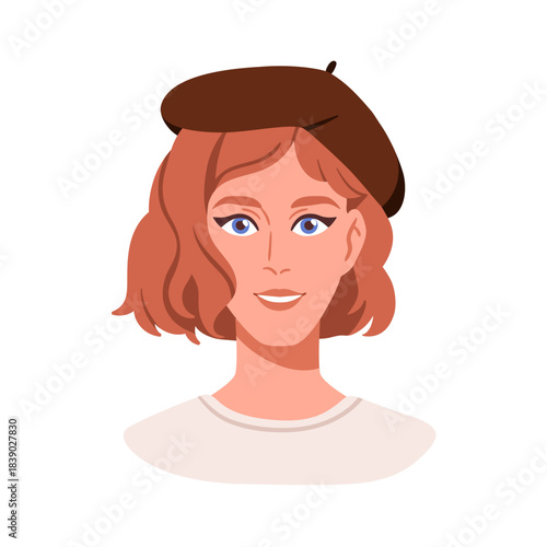 Woman in beret, face avatar. Stylish young female character with short hair, French hat, smiling, head portrait. Pretty girl user profile. Flat vector illustration isolated on white background