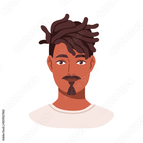 Man, face avatar, head portrait. Handsome young male character with short dreadlocks, goatee beard. Person with hair locs, user profile. Flat vector illustration isolated on white background