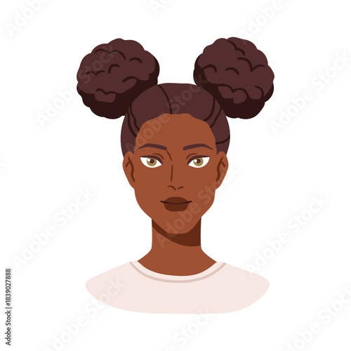 Black woman face avatar. Beautiful young female head portrait. African-American girl with hair buns, modern funny hairstyle, hairdo, user profile. Flat vector illustration isolated on white background