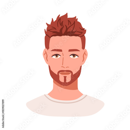 Man face avatar. Handsome young male character with styled tousled hair, neat beard and mustache. Groomed person, user profile, head portrait. Flat vector illustration isolated on white background