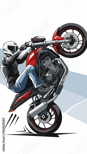Motorcyclist performing a daring wheelie on a red motorcycle with a white background.