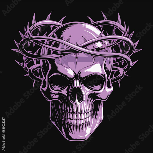 A detailed illustration of a human skull adorned with a crown of thorns.