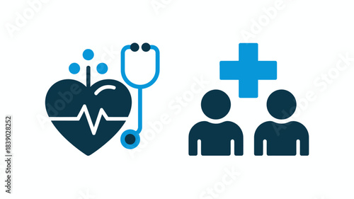Medical Care Professionals with Heartbeat Stethoscope in Simple Flat Design for Healthcare