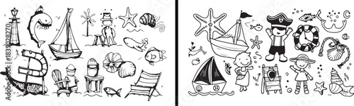 Summer beach doodle, vacation elements vector, seaside holiday artwork, tropical design drawing, leisure scene illustration, sea beach sketch, summer holiday decor, travel vacation symbols, ocean life