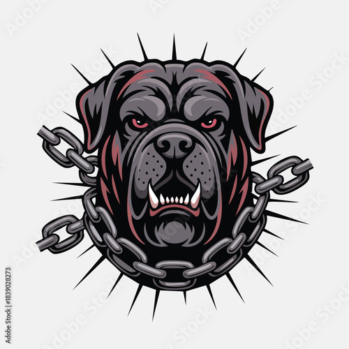 Aggressive Rottweiler Dog Head with Heavy Chains Illustration.