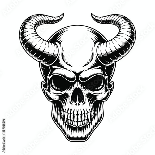 Detailed Illustration of a Demonic Skull with Large Curved Horns.