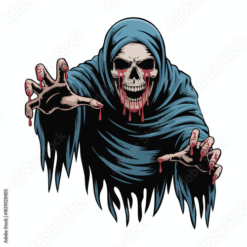 Scary Grim Reaper with bloody skull and tattered cloak reaching out.