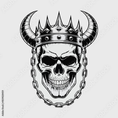Skull with Crown and Chains Illustration.
